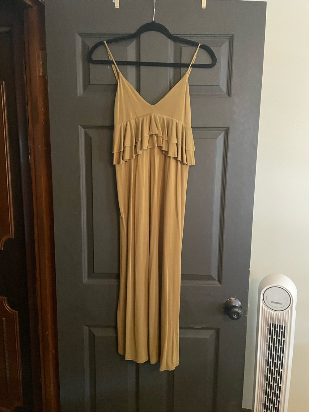 Women's Spaghetti Strap Ruffle Jumpsuit Dress - Tan